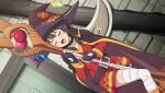  1girl anime_coloring bandaged_leg bandages belt belt_buckle black_choker black_gloves blush boots brown_belt brown_cape brown_hair brown_hat brown_thighhighs buckle cape choker closed_eyes collarbone collared_cape cowboy_shot diamond_(shape) door dress dutch_angle fingerless_gloves fold-over_boots game_asset gloves hat highres holding holding_staff kono_subarashii_sekai_ni_shukufuku_wo! kono_subarashii_sekai_ni_shukufuku_wo!_kono_yokubukai_game_ni_shinpan_o! long_sleeves megumin official_art open_mouth orange_boots raised_inner_eyebrows red_dress short_dress short_hair_with_long_locks single_thighhigh smile solo staff standing stone_wall thighhighs witch_hat 