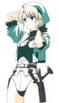  1girl arm_behind_head arm_up belt beret black_belt blonde_hair blue_eyes breasts closed_mouth cowboy_shot gloves green_gloves green_hat green_jacket green_leotard hand_up hat highres holster jacket leotard looking_to_the_side mandarin_collar medium_breasts open_clothes open_jacket rance_(series) rance_vi short_sleeves simple_background solo standing sunomono urza_pranaice white_background 
