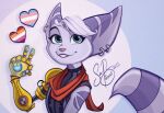 2022 anthro big_ears blue_eyes bodysuit clothing cybernetic_arm cybernetic_limb dated ear_piercing ear_ring eyelashes farorest female fur gesture hand_gesture head_tuft hi_res lgbt_pride lombax mammal markings piercing pink_nose pride_colors prosthetic prosthetic_arm prosthetic_limb purple_stripes ratchet_and_clank red_scarf ring_piercing rivet_(ratchet_and_clank) robotic_arm scarf signature simple_background skinsuit smile solo sony_corporation sony_interactive_entertainment striped_arms striped_ears striped_markings striped_tail stripes tail tail_markings teeth tight_clothing tuft v_sign white_body white_fur