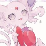  :3 bad_id bad_twitter_id cowboy_hat espeon fang forehead_jewel gem grey_eyes hat hideko_(l33l3b) highres holding holding_unworn_clothes holding_unworn_hat open_mouth pokemon pokemon_(creature) pokemon_focus purple_fur red_gem signature skin_fang solo twitter_username unworn_hat unworn_headwear white_background 