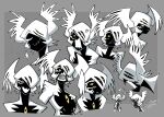 1girl angel anger_vein angry black_skin blush chest_eye closed_eyes colored_sclera colored_skin commentary dated embarrassed english_commentary extra_eyes grey_background head_wings highres looking_back monster_girl multicolored_skin multiple_expressions multiple_views original reference_sheet sharp_teeth signature sparkle teeth twitter_username two-tone_skin upper_body wavy_mouth white_mouth white_skin wings yellow_eyes yellow_sclera za1f0n zel_(za1f0n) 