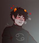 2015 2_horns alien astrological_symbol black_clothing black_hair black_lips black_sweater black_topwear black_turtleneck blush blush_lines bodily_fluids breath bust_portrait cancer_(symbol) cheek_blush clothing digital_drawing_(artwork) digital_media_(artwork) ear_blush eyes_closed grey_background grey_body grey_skin hair heart_symbol homestuck horn horned_humanoid humanoid karkat_vantas lips looking_pleasured male maleherm_(lore) ms_paint_adventures not_furry open_mouth orange_horn panting portrait puni_(artist) red_heart_symbol shake_lines sharp_teeth simple_background solo sweat sweatdrop sweater symbol teeth topwear troll_(homestuck) turtleneck western_zodiac western_zodiac_symbol