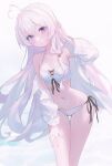  1girl bikini blue_eyes breasts collarbone commentary_request elaina_(majo_no_tabitabi) grey_hair hair_between_eyes hand_on_own_thigh highres long_hair looking_at_viewer majo_no_tabitabi navel parted_lips polka_dot polka_dot_bikini shiina_1001 shirt side-tie_bikini_bottom small_breasts solo stomach swimsuit white_bikini white_shirt 
