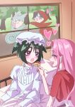 2boys 2girls alien_stage animal_ears black_hair blank_eyes chasing cloak commentary corrupted_twitter_file dress feeding food hat heart heart_in_mouth highres holding holding_food hood hooded_cloak ivan_(alien_stage) keika610247 little_red_riding_hood_(fairy_tale) mizi_(alien_stage) mob_cap multiple_boys multiple_girls on_bed open_mouth red_cloak red_hood running short_hair sua_(alien_stage) till_(alien_stage) white_dress white_hat window 