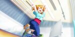  1girl ^_^ anime_coloring aqua_shirt arms_up blurry blurry_background blush bokeh bow breasts ceiling ceiling_light closed_eyes clothes_writing commentary_request curtains day depth_of_field dot_nose dutch_angle from_below full_body hair_ornament hair_scrunchie highres indoors jumping kosaka_honoka kosaka_honoka_(summer_training_wear) love_live! love_live!_school_idol_festival_all_stars love_live!_school_idol_project medium_breasts medium_hair midair official_art one_side_up open_mouth orange_hair orange_shoes outstretched_arms pants red_shirt scrunchie shirt shoes short_sleeves smile socks solo t-shirt teeth upper_teeth_only whiteboard wristband yellow_scrunchie yellow_socks 