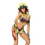  1girl arm_behind_back armpit_crease averting_eyes bare_shoulders belt bikini bikini_under_clothes black_belt blue_eyes blush bracelet breasts cleavage closed_mouth dark-skinned_female dark_skin embarrassed feet_out_of_frame flipped_hair game_asset goggles goggles_on_headwear hand_on_own_thigh hat ikkitousen ikkitousen_extra_burst jewelry large_breasts leaning_forward leg_tattoo looking_at_viewer medium_hair moukaku_(ikkitousen) multiple_bracelets navel non-web_source official_art open_clothes open_fly open_vest purple_bikini red_hair self-datamine shorts simple_background sleeveless solo stomach string_bikini swimsuit tattoo torn_clothes torn_shorts torn_vest transparent_background underboob variant_set vest yellow_hat yellow_shorts yellow_vest 