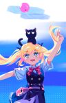  absurdres animal_on_head arm_up balloon belt black_cat black_dress blonde_hair blue_dress blush bow bowtie buttons cat cat_on_head collared_shirt colored_eyelashes commentary cowboy_shot double-breasted dress english_commentary evanhehehe eyes_visible_through_hair grisaia_(series) grisaia_no_kajitsu hair_between_eyes highres long_hair matsushima_michiru nyanmel on_head open_mouth pinafore_dress pink_belt plaid_bow plaid_bowtie plaid_clothes red_bow red_bowtie shirt short_sleeves sidelocks sleeveless sleeveless_dress tearing_up thick_eyebrows twintails two-tone_dress wavy_mouth white_shirt yellow_eyes 