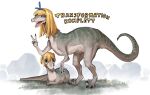  2girls absurdres blonde_hair blue_eyes blue_hairband blunt_bangs blush boulder claws commentary dinosaur dinosaur_girl dinosaur_tail erika_(popopoka) fangs flower german_commentary german_text grass hair_between_eyes hairband highres long_hair looking_at_another looking_at_viewer lying mimi_(popopoka) multiple_girls open_mouth original outdoors pacifier popopoka raptor raptor_claw short_twintails siblings sisters smile tail transformation twintails v 