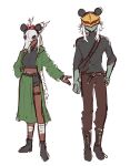  1boy 1girl absurdres aki_(xdd) animal_skull bad_id bad_pixiv_id boots braid breasts colored_skin dark-skinned_female dark_skin full_body green_skin helmet highres long_hair medium_breasts mickey_mouse_ears minnie_mouse_ears red_eyes simple_background sketch skull_on_head slay_the_spire solid_eyes standing the_ironclad_(slay_the_spire) the_silent_(slay_the_spire) white_background white_hair 