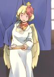  1girl :d alternate_costume animal_on_head apron baby_animal bird bird_on_head bird_wings blonde_hair breasts chick commentary_request feathered_wings holding holding_tray kappougi long_sleeves looking_at_viewer multicolored_hair niwatari_kutaka noren on_head open_mouth rangycrow red_eyes red_hair short_hair small_breasts smile solo touhou tray two-tone_hair white_apron wings yellow_wings |_| 