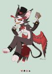  1boy animal_ears artist_name barefoot black_hat bow bowtie card cat_boy cat_ears cat_tail chinese_commentary clover commentary_request crossed_legs diamond_(shape) feathered_wings furry furry_male grin hat hazbin_hotel heart hellaverse highres holding holding_card husk_(hazbin_hotel) kun_blackcat looking_to_the_side male_focus nude partially_feathered_tail pawpads playing_card red_bow red_bowtie smile spade_(shape) tail top_hat wings 