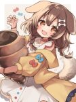  1girl :3 :d animal_collar animal_ears blue_bow blush bone_hair_ornament bow bracelet braid brown_eyes brown_hair brown_tail cartoon_bone claw_pose collar commentary dog_ears dog_girl dog_tail dress fang food food_on_face hair_between_eyes hair_ornament hairclip highres holding hololive inugami_korone jacket jewelry k0bo43 long_hair looking_at_viewer low_twin_braids low_twintails off_shoulder open_clothes open_jacket open_mouth red_bow red_collar simple_background sleeveless sleeveless_dress smile solo tail twin_braids twintails v-shaped_eyebrows virtual_youtuber white_background white_dress wristband yellow_jacket 