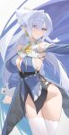 1girl absurdres blue_dress breasts cleavage closed_mouth commentary dress grey_hair happy05x highres large_breasts long_hair looking_at_viewer mole mole_on_breast mole_under_mouth revision smile solo thighhighs twitter_username velina_airgid white_thighhighs zenless_zone_zero 