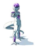 1boy absurdres alien baasaku_(balasaku24) black_nails closed_mouth colored_skin commentary dragon_ball dragon_ball_z final_form_frieza frieza full_body highres looking_at_viewer male_focus nose outstretched_hand pectorals pointing pointing_at_viewer simple_background solo standing tail white_background white_skin 