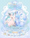  animal_focus blue_fur blue_sclera blush bow brown_fur closed_mouth colored_sclera commentary_request glaceon green_fur heart highres in_snow_globe key leaf leafeon mugita_konomi no_humans one_eye_closed open_mouth pokemon pokemon_(creature) pokemon_focus smile snow_globe star_(symbol) yellow_fur 