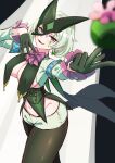  1girl absurdres blurry blurry_foreground breasts bright_pupils commentary_request earrings gloves green_gloves green_hair half_gloves highres humanization hyoe_(hachiechi) inward_v jewelry large_breasts looking_at_viewer mask meowscarada navel open_mouth pantyhose pokemon purple_eyes shirt short_hair short_shorts shorts smile solo v white_background white_pupils 