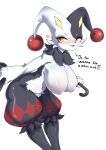 absurd_res anthro black_body black_fur blush breasts cane cheek_tuft clothing dialogue dupin_(pal) eyelashes facial_tuft featureless_breasts female fur hat headgear headwear hi_res jester lagomorph leporid looking_at_viewer mammal markings multicolored_body multicolored_fur navel neck_tuft pal_(species) palworld pocketpair rabbit ravmana red_markings simple_background smile smiling_at_viewer solo text thick_thighs top_hat tuft white_background white_body white_fur yellow_eyes yellow_markings
