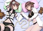  absurdres animal_ears arknights black_bra black_panties black_thighhighs bra breasts commentary_request detached_sleeves flower folinic_(arknights) folinic_(lasting_arrowroot)_(arknights) from_above hair_flower hair_ornament hair_over_shoulder head_on_pillow highres holding_hands lillia_(arknights) looking_at_another looking_at_viewer lying mother_and_child mother_and_daughter navel on_back on_side open_clothes open_shirt panties parent_and_child pillow ponytail shirt smile stuffed_animal stuffed_toy teddy_bear tgjbf-ten-l thighhighs umbilical_cord underwear white_flower white_shirt yellow_eyes 