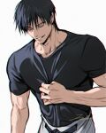  1boy arm_up belt black_belt black_hair black_shirt closed_eyes clothes_grab collarbone commentary cowboy_shot fushiguro_toji jujutsu_kaisen juneseo male_focus pants parted_lips shirt short_hair short_sleeves signature simple_background smile solo t-shirt untranslatable_commentary white_background white_pants 