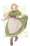  1girl absurdres apron artist_name belt blonde_hair boots border braid breasts brown_belt brown_boots closed_mouth clothes_lift commentary_request crown_braid dress dress_lift floral_background flying_sweatdrops full_body green_dress green_eyes grey_shirt highres holding_own_dress light_blush long_dress long_hair looking_at_viewer medium_breasts neck_ribbon parted_bangs pointy_ears princess_zelda puffy_short_sleeves puffy_sleeves red_ribbon ribbon shirt short_sleeves sidelocks sign smile solo the_legend_of_zelda the_legend_of_zelda:_breath_of_the_wild waist_apron white_apron white_border yellow_background yon_yosi 