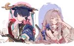  1boy 1girl bishounen black_bow black_bridal_gauntlets black_tank_top blood blood_on_clothes blood_on_hand blue_cape blue_gem blue_hat blunt_bangs blunt_ends border bow breasts bridal_gauntlets cape cleavage closed_mouth commentary_request commission core couple cup detached_collar detached_sleeves eyelashes eyeshadow fork gem genshin_impact gold_necklace hair_bow hair_intakes hand_over_eye hands_up hat heart_(organ) hetero highres hl38012 holding holding_cup holding_fork holding_heart_(organ) jewelry jingasa katana long_hair looking_at_viewer looking_to_the_side makeup mandarin_collar medium_breasts necklace oc_x_canon ok_sign ok_sign_over_eye open_clothes open_shirt original outside_border pale_skin parted_bangs parted_lips pink_background pink_bow pink_eyes pink_hair purple_bow purple_eyes purple_hair red_eyeshadow scaramouche_(genshin_impact) shirt short_hair short_sleeves simple_background strapless strapless_shirt sword tank_top upper_body vision_(genshin_impact) wanderer_(genshin_impact) weapon white_background white_border white_mouth white_shirt white_sleeves yunomi 