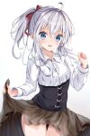  1girl black_corset blue_eyes blush breasts clothes_lift collared_shirt commentary_request corset elaina_(majo_no_tabitabi) fingernails grey_background grey_hair hair_between_eyes highres lifting_own_clothes long_hair long_sleeves looking_at_viewer majo_no_tabitabi open_mouth ponytail popokki red_ribbon ribbon shirt shirt_lift simple_background solo white_shirt 