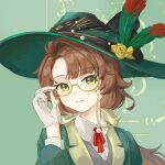  1girl adjusting_eyewear brown_hair chinese_commentary closed_mouth collared_shirt commentary_request eyewear_strap feathers flower glasses gloves green_background green_eyes green_feathers green_hat green_jacket hahaluo hand_on_eyewear hand_up hands_up hat hat_feather hat_flower jacket kakania_(reverse:1999) long_hair looking_at_viewer low_ponytail neck_ribbon ponytail red_ribbon reverse:1999 ribbon round_eyewear semi-rimless_eyewear shirt smile solo under-rim_eyewear upper_body white_gloves white_shirt yellow_flower 