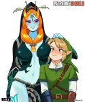  1boy 1girl absurdres black_skin blue_skin breasts colored_sclera colored_skin eyeshadow face_to_breasts front_ponytail green_tunic highres large_breasts link makeup midna midna_(true) multicolored_skin orange_hair purple_eyeshadow purple_lips smgold the_legend_of_zelda the_legend_of_zelda:_twilight_princess tunic two-tone_skin wolf_link yellow_sclera 