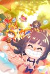  >_< 2girls 6+boys ^_^ afro black_hair blonde_hair blue_hair blue_skin blunt_bangs brook_(one_piece) cape chain chibi closed_eyes colored_skin commentary_request curly_eyebrows dress eyelashes fake_facial_hair fake_mustache franky_(one_piece) goggles green_hair happy_tears hat helmet highres holding holding_unworn_clothes holding_unworn_hat jaguar_d._saul jinbe_(one_piece) long_nose monkey_d._luffy multiple_boys multiple_girls nami_(one_piece) nico_robin one_eye_closed one_piece orange_hair outdoors roronoa_zoro sanji_(one_piece) shota_onepiece skeleton smile straw_hat_pirates sword sword_on_back tears tony_tony_chopper unworn_hat unworn_headwear usopp warm_colors weapon weapon_on_back 