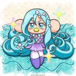  1girl amabie aqua_eyes aqua_hair arms_up artist_request awase_marina beak blue_shirt commentary_request copyright_notice curly_ends jikkyou_powerful_pro_yakyuu jikkyou_powerful_pro_yakyuu_(style) long_hair multicolored_shirt multicolored_shoes official_art pearl_hair_ornament power_pro_appli purple_shirt purple_shoes purple_skirt rayman_limbs shirt shoes skirt solo sparkle two-tone_shoes very_long_hair white_shoes 