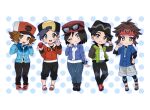  +_+ 5boys :d belt black_boots black_hat black_pants blue_belt blue_jacket boots brown_eyes brown_hair calem_(pokemon) chibi chibi_only commentary_request double_v ethan_(pokemon) eyewear_on_headwear green_jacket hands_up hat highres hilbert_(pokemon) holding holding_poke_ball jacket looking_at_viewer male_focus multiple_boys nate_(pokemon) open_mouth pants paxton_(pokemon) poke_ball poke_ball_(basic) pokemon pokemon_black_2_and_white_2 pokemon_black_and_white pokemon_heartgold_and_soulsilver pokemon_legends:_z-a pokemon_x_and_y red_hat red_jacket red_shoes sana_(37pisana) shirt shoes smile standing sunglasses teeth upper_teeth_only v white_shirt zipper_pull_tab 
