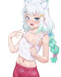  1girl absurdres ahoge animal_ears blue_eyes blue_streaks bow braid camisole cat_ears cat_girl commentary cowboy_shot crop_top densetsu.exe english_commentary fang flat_chest frilled_camisole frilled_straps frills gradient_hair green_hair green_nails hair_bow hair_ornament hairclip highres hot long_hair looking_at_viewer low_twin_braids lunarisbloom midriff mint_fantome mint_fantome_(otaku) multicolored_hair multiple_hairclips navel open_mouth pink_shorts pink_streaks shirt shorts simple_background skin_fang solo streaked_hair sweat twin_braids virtual_youtuber wet white_background white_hair white_shirt x_hair_ornament 