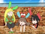  1girl 2boys alternate_color artist_request black_hair blonde_hair brendan_(pokemon) brown_hair cosplay emerald_(pokemon) may_(pokemon) minun minun_(cosplay) multiple_boys plusle plusle_(cosplay) pokemon pokemon_adventures shiny_pokemon sitting smile sweatdrop third-party_source 