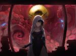  1girl absurdres arm_behind_back black_choker black_dress black_gloves black_hair breasts choker cleavage cloak closed_mouth commentary criss-cross_halter dress elbow_gloves eldritch_abomination english_commentary gloves grey_hair halterneck highres hololive hololive_english kurochanai large_breasts long_hair looking_at_viewer multicolored_hair shiori_novella side_slit sleeveless sleeveless_dress smile solo split-color_hair tentacles virtual_youtuber white_cloak yellow_eyes 