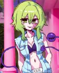  1girl absurdres alternate_costume blue_vest blush bra breasts cleavage collarbone disembodied_linked_eye eyeball green_eyes green_hair hair_between_eyes highres komeiji_koishi looking_at_viewer medium_breasts medium_hair missing_headwear open_mouth purple_bra rampa93 smile solo touhou underwear vest 