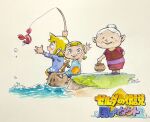  2girls akahanadragon armpits aryll basket black_shoes blue_dress blue_shirt brown_shoes commentary_request copyright_name dress fishing fishing_rod floral_print floral_print_dress full_body hair_bun happy holding holding_basket holding_fishing_rod link link's_grandma lobster long_sleeves looking_at_viewer multiple_girls ocean old old_woman on_rock open_mouth orange_pants outstretched_arm pants pointy_ears print_dress red_dress rock sandals shirt shoes short_hair short_sleeves short_twintails simple_background single_hair_bun sitting sleeveless spyglass the_legend_of_zelda the_legend_of_zelda:_the_wind_waker toon_link triforce twintails waving white_background white_eyes white_hair 