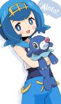  1girl :d blue_eyes blue_hair blue_one-piece_swimsuit blue_pants blue_sailor_collar blush_stickers commentary_request hairband highres lana_(pokemon) lemon_pan looking_at_viewer one-piece_swimsuit pants pokemon pokemon_(creature) pokemon_sun_and_moon popplio sailor_collar shirt simple_background sleeveless sleeveless_shirt smile swimsuit swimsuit_under_clothes white_background white_shirt yellow_hairband 