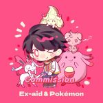  1boy 2786867956wuyu :< alcremie alcremie_(caramel_swirl) alcremie_(love_sweet) alternate_color animification black_hair chansey chibi closed_eyes closed_mouth commentary commission copyright_name crossover dot_nose english_commentary espurr highres houjou_emu kamen_rider kamen_rider_ex-aid_(series) long_sleeves looking_at_viewer male_focus multicolored_scarf notice_lines one_eye_closed pants pink_background pink_eyes pokemon pokemon_(creature) pokemon_team scarf shiny_pokemon short_hair simple_background smile squeans standing sylveon u_u watermark 
