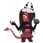 beckoning bottle cleavage_cutout clothed clothing container cutout demon demon_humanoid enaic31 eye_scar facial_scar female gesture hair hair_over_eye hellaverse helluva_boss hi_res holding_bottle holding_container holding_object horn humanoid imp not_furry red_body red_skin sallie_may_(helluva_boss) scar simple_background solo spade_tail tail trans_(lore) trans_woman_(lore) white_background