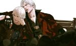  2boys arm_around_shoulder beard_stubble belt belt_buckle black_gloves black_pants blue_eyes blue_shirt brown_jacket buckle buttoned_cuffs buttons chest_belt closed_mouth clothing_cutout coat commentary dante_(devil_may_cry) devil_may_cry_(series) devil_may_cry_4 elbow_on_knee facial_hair glove_cutout gloves hayashishisou head_rest highres jacket looking_to_the_side male_focus multiple_boys nero_(devil_may_cry) open_collar pants parted_bangs parted_lips partially_fingerless_gloves partially_unzipped red_coat shirt short_hair sideways_glance simple_background sitting stubble swept_bangs thigh_belt thigh_strap uncle_and_nephew white_background 