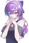  1girl absurdres artist_name bare_shoulders blue_archive blue_bow bow breasts cleavage closed_mouth commentary dress hair_bow halo haruka_(blue_archive) haruka_(dress)_(blue_archive) highres light_blush long_hair looking_at_viewer medium_breasts nail_polish official_alternate_costume purple_dress purple_eyes purple_hair purple_halo purple_nails shiroyo_(shiromeahi) simple_background solo steepled_fingers twitter_username upper_body white_background 
