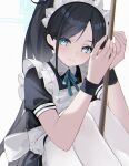  1girl apron aris_(blue_archive) aris_(maid)_(blue_archive) black_dress black_hair black_wrist_cuffs blue_archive blue_eyes closed_mouth commentary dress frilled_apron frills halo highres knees_up long_hair looking_at_viewer maid maid_apron maid_headdress official_alternate_costume pantyhose parted_bangs puffy_sleeves rectangular_halo short_sleeves sitting smile solo veeluna very_long_hair white_apron white_pantyhose wrist_cuffs 