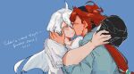  2girls black_hairband blue_background blue_shirt blush brchyura closed_eyes closed_mouth commentary english_commentary english_text gundam gundam_suisei_no_majo hairband hand_on_another's_neck helmet highres kiss kissing_cheek long_hair miorine_rembran motorcycle_helmet multiple_girls ponytail red_hair shirt simple_background suletta_mercury sweat white_hair white_shirt yuri 