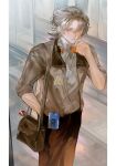  1boy absurdres albedo_(genshin_impact) alternate_costume bag blue_eyes blush border braid brown_bag brown_jacket brown_pants cable closed_mouth collared_jacket collared_shirt commentary cowboy_shot fingernails flower genshin_impact grey_hair grey_sweater hair_between_eyes half_up_braid hand_in_pocket hand_up headphones headphones_around_neck highres holding jacket koffieaulait1 letter_print long_sleeves looking_at_viewer male_focus mp3_player open_clothes open_jacket pants red_flower red_rose rose shirt short_hair shoulder_bag solo standing sweater turtleneck turtleneck_sweater untranslatable_commentary white_border white_shirt 