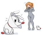  1girl ^_^ alien animal ant1der1vat1ve apologizing bandages black_eyes blonde_hair bodysuit breasts closed_eyes crossover dog flying_sweatdrops full_body grey_bodysuit highres knees_together_feet_apart long_hair mole mole_under_mouth open_mouth own_hands_together pet_cone ponytail puppy-chan_(rhythm_tengoku) rabbit rhythm_tengoku rhythm_tengoku_miracle_stars sidelocks simple_background sister_silver skin_tight smile standing white_background zero_suit 