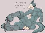 absurd_res anthro balls beastars blue_body blue_fur butt canid canine canis countershade_face countershade_torso countershading dialogue english_text feet fluffy fluffy_tail foot_fetish foot_focus fur genitals grey_body hi_res humanoid_genitalia humanoid_penis legoshi_(beastars) looking_at_viewer looking_back looking_back_at_viewer male mammal nude penis pixellex1 rear_view simple_background smile soles solo tail text toes white_body white_countershading wolf