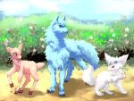 2026 2_fingers 2_toes 3_fingers 3_toes 4:3 4_fingers 4_toes absurd_res ambiguous_gender black_nose blue_body blue_eyes blue_fur blue_nose brown_body brown_fur canid canine canis claws cloud cute_fangs dark_rya deer detailed_background dirt fangs feet female feral fingers flower fur grass group healing_life_through_camping_in_another_world hi_res hooves inner_ear_fluff looking_at_another looking_back male mammal marilda_(the_extras_academy_survival_guide) mountain open_mouth pawpads paws pink_nose pink_scarf plant rice_cake_(healing_life_through_camping_in_another_world) scarf shrub teeth the_extras_academy_survival_guide toes tongue trio tuft water_deer white_body white_fur wolf