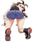  1girl absurdres all_fours ass ass_focus bare_shoulders baseball_cap black_vest blue_eyes blue_shorts boots brown_hair closed_mouth commentary cutoffs denim denim_shorts english_commentary eudetenis exposed_pocket from_behind full_body hat high_ponytail highres hilda_(pokemon) long_hair looking_at_viewer looking_back poke_ball pokemon pokemon_black_and_white ponytail shirt shoe_soles short_shorts shorts simple_background sleeveless sleeveless_shirt solo thighs vest white_background white_hat wristband 