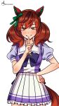  1girl absurdres animal_ears arroz_con_leche artist_name blush bow bowtie breasts brown_eyes brown_hair brown_tail commentary cowboy_shot ear_bow ear_covers frilled_skirt frills green_bow hand_on_own_hip highres horse_ears horse_girl horse_tail horseshoe_ornament index_finger_raised long_hair looking_at_viewer medium_breasts multicolored_hair nice_nature_(umamusume) nose_blush pleated_skirt puffy_short_sleeves puffy_sleeves purple_bow purple_bowtie purple_shirt sailor_collar sailor_shirt school_uniform shirt short_sleeves simple_background skirt smile solo streaked_hair summer_uniform tail thighs tracen_school_uniform twintails umamusume white_background white_sailor_collar white_skirt 