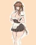  absurdres animal_ears apron arknights black_dress breasts brown_hair cleavage commentary_request dress hair_over_shoulder highres huge_breasts lillia_(arknights) looking_at_viewer maid mature_female orange_background sketch tail thighhighs waist_apron white_apron white_thighhighs wo_henduo_rou yellow_eyes 